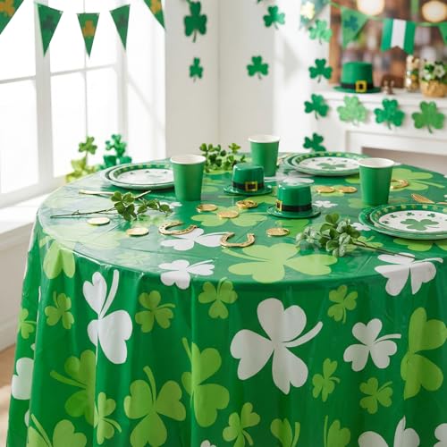 Image of Hahafelt 3 Pcs St Patricks Day Plastic Round Tablecloth 84 Inch Green Shamrock Disposable Table Cover Irish Lucky Clover Circular Table Cloth for St Patricks Day Picnic Birthday Party Decoration