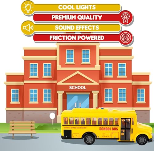 Image of PLUSPOINT Big School Bus Van Toy Friction Powered City Service Vehicle with Lights and Cool Sounds and Songs Openable Doors,Heavy Duty Push n Go Vehicles Yellow Bus Kids, Girls, Boys, Toddlers
