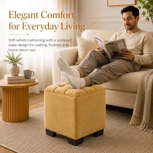 Image of Velvet Cube Ottoman | Seating Stool for Living Room | Soft Cushioned Footrest Stool with Durable Plastic Legs | Multipurpose Seating, Side Table & Pouffe Home Decor, 12x12x14 inch (Yellow)