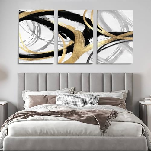 Image of DUWQU Triptych Black Gold White abstract Lines Canvas Wall Art 16x24 in x3