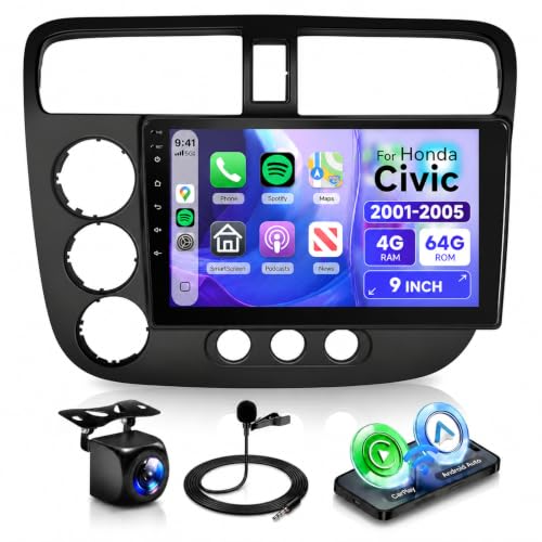 Image of 4G+64G Car Radio Stereo with HiFi Audio for Honda Civic 2001-2005, Wireless CarPlay /Android Auto 9 Inch HD Touch Screen Adroid 13 GPS WiFi Bluetooth FM /RDS EQ HD Backup Camera