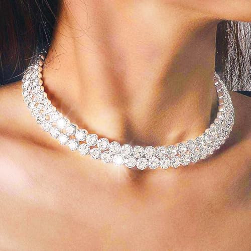 Jonky XL-009 Rhinestone Choker Necklace Silver Chokers Crystal Layered Necklaces Sparkly Prom Party Collar Neck Jewelry thumb #4