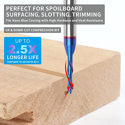 Eanosic Spiral Router Bits Up Down Compression Bit 1/8 Inch Cutting Diameter, 1/4 Inch Shank Solid Carbide Cnc End Mill With Nano Blue Coating For Wood Carving Engraving Grinding #TOP2