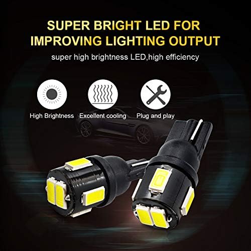 JoaSinc W5W 501 LED Bulb T10 194 168 LED Bulbs White 6-SMD 5630 For Car Sidelights, Interior Light, Dashboard, Number Plate, Boot Bulbs DC 12V pack of 10