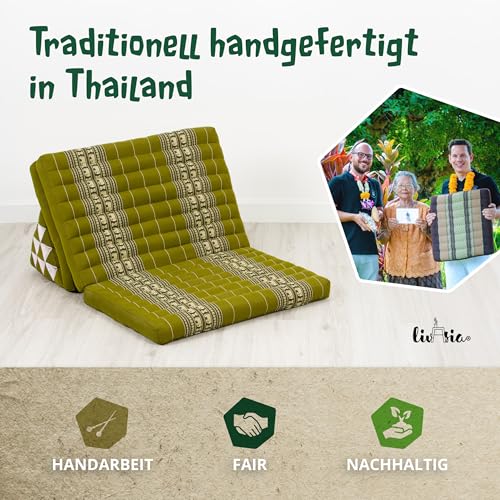 Foto von livasia Thaikissen 3 Auflagen für Paare XXL - 190x80x8cm - Dreieckskissen Klappmatratze, extrabreit Kapok, Rückenkissen faltbar, Thaimatte zum Klappen, Meditationskissen (Grün/Elefanten)