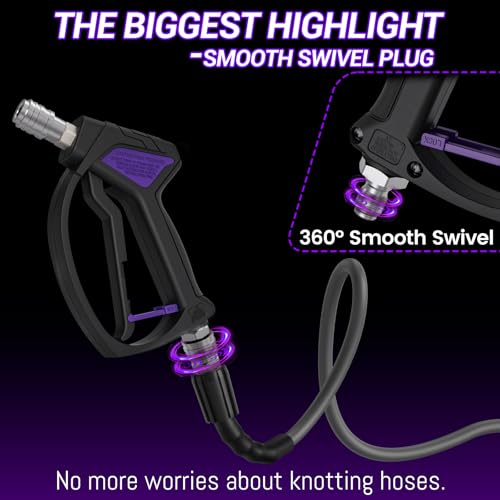 Image of Short Pressure Washer Gun, Swivel Power Washer Gun 4060 PSI, Stubby Pressure Washer Gun with 3 /8 inch Smooth & 1 /4 inch Quick Connector Coupler Compatible with Hose Foam Cannon Car Wash Foam Gun（Black purple）