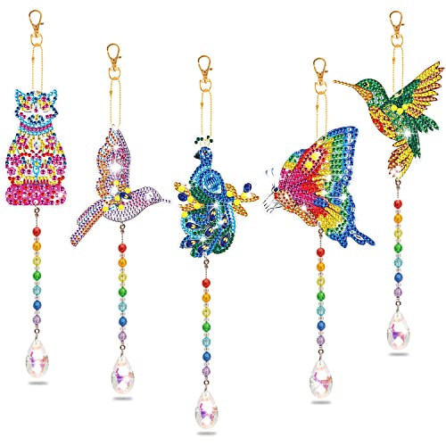 Diamond Painting Wind Chime Double Sided Crystal Gem Paint by Number Diamond Painting Hanging Ornament for Home Garden Hanging Ornament (Cat+2*Bird+Peacock+Butterfly) Cover