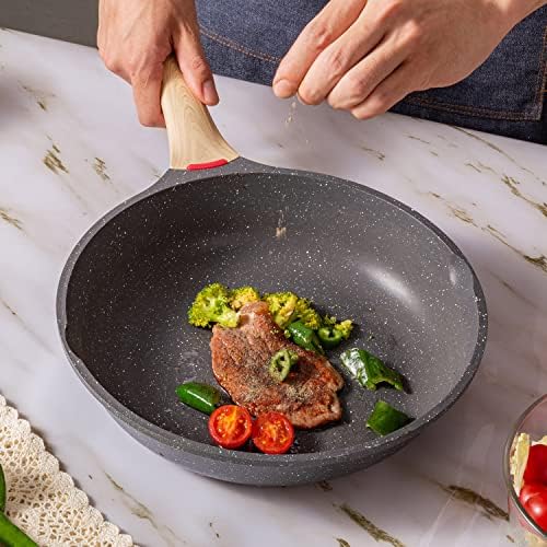 Non Stick Frying Pan 28cm with Heat-Resistant Soft Bakelite Handle, Granite Induction Frying Pan for Induction, Electric and Gas Hobs, Omelette Pan Less Oil Fumes (Black)