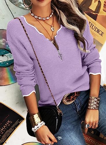 Image of Hongqizo Women's V Neck Long Sleeve Sweater Half Zipper Knit Sweater Casual Cricket Stripe Jumper Pullover Knit Tops