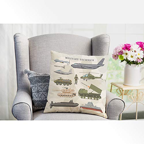 Ekobla Military Technics Throw Pillow Cover Camouflage Air Freighter Armored Plane Tank Helicopter Cozy Square Cushion Case For Men Women Boys Girls Room Home Decor Cotton Linen 18X18 Inch #TOP3