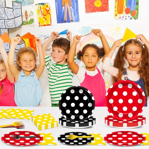 96 Pcs Mouse Color Paper Plates and Napkins Mouse Party Decorations Red Black Yellow Polka Dot Tableware Set Cartoon Dessert Disposable Dinnerware for Boys Girls 24 Guests Party Supplies