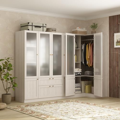 Homsee Extra Large L-Shape Armoire Wardrobe Closet with 6 Frosted Glass Doors, Hanging Bars, Shelves & Drawers, 98.4\" L Wooden Closet Storage Cabinet for Bedroom, Warm Grey