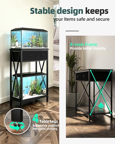 Image of Fish Tank Stand for 5-10 Gallon Fish Tank: Aquarium Stand with Power Outlet - Metal 10 Gallon Tank Stand with Cabinet Drawer Storage for Turtle Tank, Reptile Terrarium (Black, 220LBS Capacity)