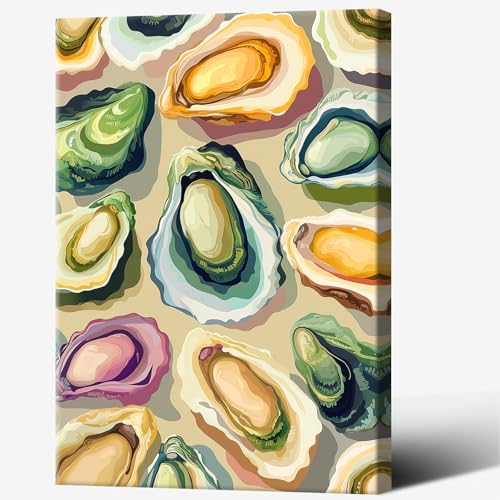Image of Colorful Beachy Shell Canvas Wall Art Funny Coastal Oyster Shell Poster Abstract Summer Seaside Beach House Prints Painting For Home Living Room Kitchen Restaurant Wall Decor 24x36in Framed