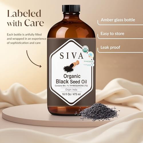 Image of Siva Black Seed Organic Oil 16oz (473ml) Premium Cold-Pressed Organic Carrier Oil for Face, Skin Care, Body Massage, Hair Care, Hair Oiling & Scalp Massage
