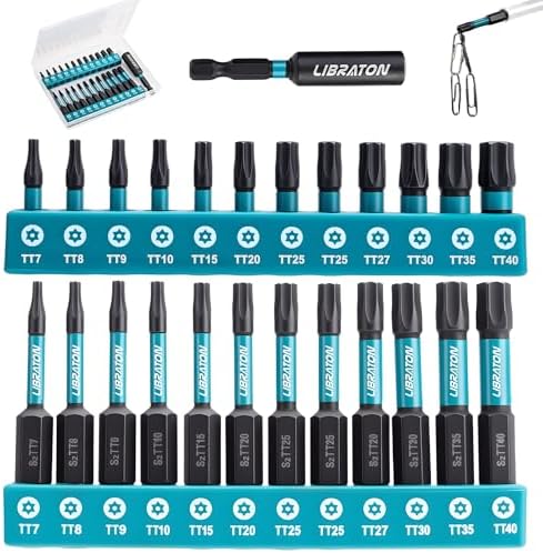 LIBRATON Security Torx Bit Set, 25PCS Tamper Proof Star Bits for Impact Driver, S2 Steel Screwdriver Bits with Magnetic Tips (1" & 2" Long), Includes Magnetic Holder & Storage Box