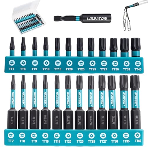 LIBRATON Lot de 25 Embouts Torx de Sécurité (T7-T40), Tournevis Inviolable Bit, Embouts Vis en S2 avec Extrémités Magnétiques (2.5cm et 5.1cm), Porte Embouts...