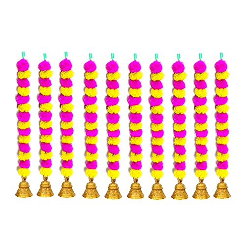 iHandikart Marigold Garland Artificial Fluffy Flower with Bell in The Bottom Used for Diwali Decoration|Home Decoration,Colour Pink & Yellow, Pack of 10 (31517)