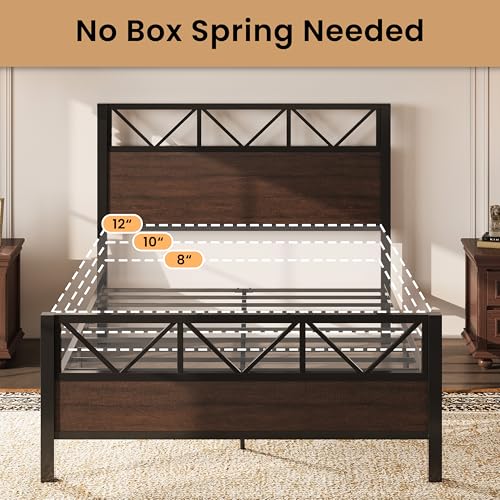 Image of LIKIMIO Queen Bed Frame, Tall Industrial Headboard 51.2 inch, Platform Bed Frame with Strong Metal Support, Solid and Stable, Noise Free, No Box Spring Needed, Easy Assembly, Dark Brown