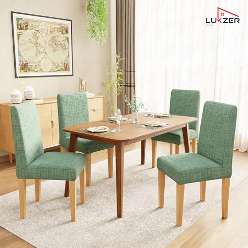 Image of Lukzer Elastic Dining Chair Cover - 4PC Pastel Green Tangled Lines | Textured High Stretch Jacquard Seat Cover | Removable Washable Short Dining Chair Cover Protector Seat Slipcover | (CC-121-04)