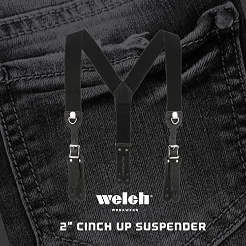 Welch Work Button On Suspenders For Men - Heavy Duty, Y Back 2-Inch Wide Elastic Cinch Up Strap, Leather Button Ends, Size Regular, Black #TOP5