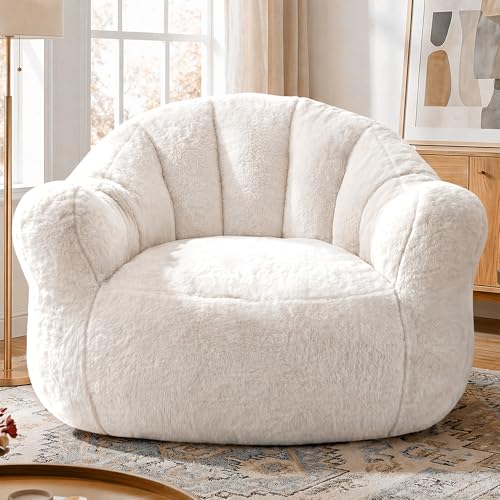 Homkdom Giant Bean Bag Chair for Adults, Shell-Shaped Oversized Bean Bag Couch with Armrests & Side Pockets, Lounge Floor Sofa for Reading, Playing & Relaxing, Beige