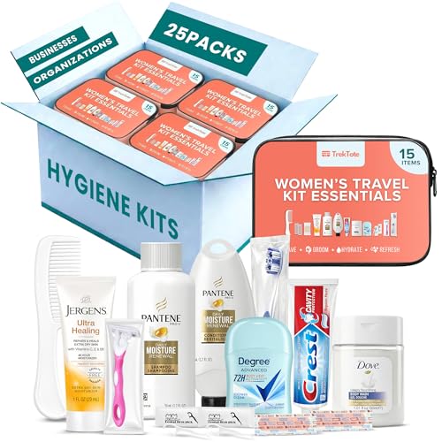 TrekTote 15 Piece Set Women’s Travel & Hygiene Kit with Clear Toiletry Bag, Personal Care Essentials, Single Kit or Bulk Case Packs