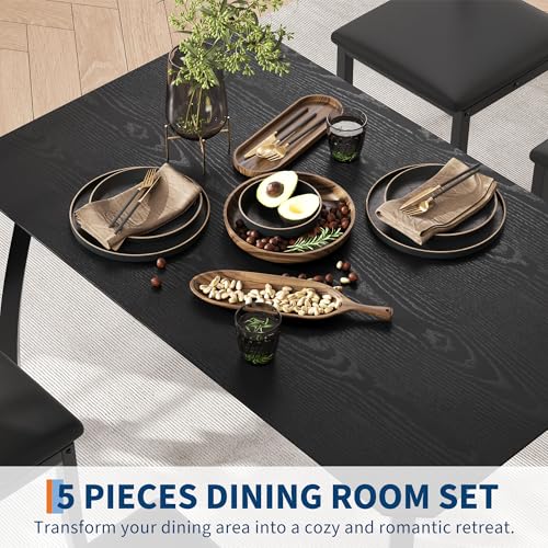 GarveeHome Dining Table Set for 4, 5 Piece Metal Frame Kitchen Table and Chair Set, Chamfer Design Space-Saving Dining Room Furniture for Small Spaces, Apartment, Studio, Breakfast Nooks, Black