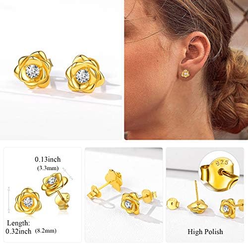 925 Sterling Silver/18K Gold Plated CZ Rose Flower Stud Earrings for Women Hypoallergenic Ear Studs(with Gift Box)