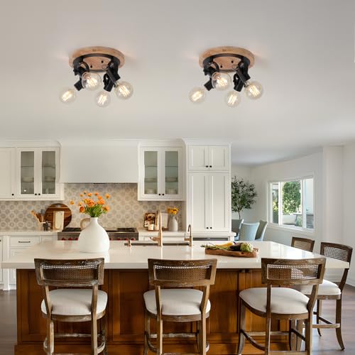 Image of 4-Light Round Flush Mount Ceiling Light,Adjustable Farmhouse Kitchen Track Light with Wood Base, Multi-Directional Dining Room Light for Island Hallway Entryway Bedroom.