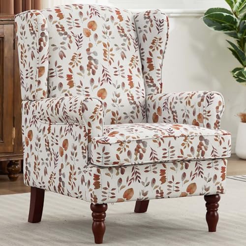 Nahenduo Vintage Floral Accent Chair, Wingback Chair with Arms for Living Room, Antique Occasional Side Chair|High Back|Ticken Seat Cushion|Fabric Upholstered (Blue) (Brown Yellow, A)