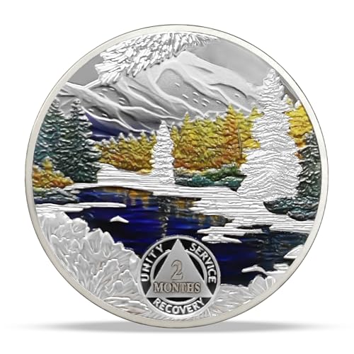 Image of Imasoner 2 Month Sobriety Coin, Winter Sober AA Medallion Chip Token | Mountain Lake Recovery Token with Inspirational Quote, Alcoholics Anonymous Sober Milestone Gift for Men & Women
