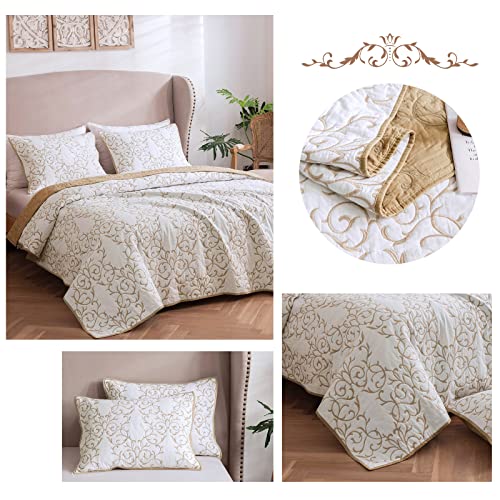 Mixinni MI052 CHAMPAGNE-K Quilt King Size Reversible 3-Piece Beige Embroidery Pattern Elegant Quilt Set thumb #5
