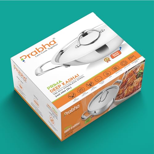 Image of Prabha Prima Deep Kadhai with Lid, Stainless Steel, Kitchen Kadhai, 30cm, 7.2L, Induction & Non Induction Base, 60 Months Warranty
