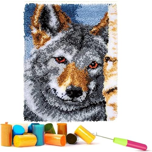 Image of EMISTEM Latch Hook Kits for Adults - DIY Latch Hook Rug Kits, Crochet Kit for Beginners, Rug Making Kits with Printed Canvas, Gift Packaging. (Grey Wolf,15x21)