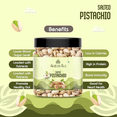 Image of Auravita Premium Roasted & Salted Pistachios 250gm | Crunchy & Flavorful Pista Dry Fruit | Resealable Jar | High in Protein & Fiber | Ideal for Snacking, Gifting & Recipes