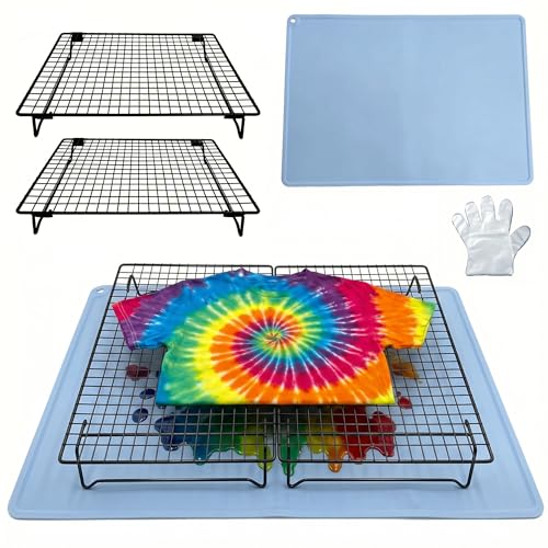 ZZOFSWORM Tie Dye Kit with 2 Adjustable Folding Racks, Non-Slip Silicone Pad & 100 Disposable Gloves | DIY Tie-Dye Supplies for Shirts, Scarves, Bags | Easy Clean, Portable Craft Tool(Blue)