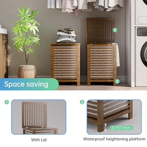 SMIBUY Double Laundry Hamper with Lid, 120L Bamboo Laundry Basket with Removable Liner Bag, 2-Section Clothes Divider Laundry Sorter for Laundry Room, Bathroom, Bedroom (Walnut) - Image 5