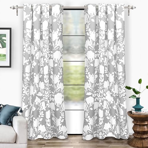 DriftAway Floral Delight Botanic Pattern Room Darkening Thermal Insulated Grommet Unlined Window Curtains Set of 2 Panels Each 52 Inch by 84 Inch Gray