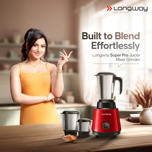Image of Longway Super Pro Mixer Grinder | 500 Watt Powerful Motor | 3 Jars for Grinding, Mixing, Juicing | 2 Years Warranty (Red & Wine)