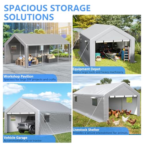Image of Jocoevol Carport 13x21 FT Enclosed Carport with Roll-up Windows, Removable Sidewalls & Doors and Sandbags for Car Boat Truck Motorcycle, Grey