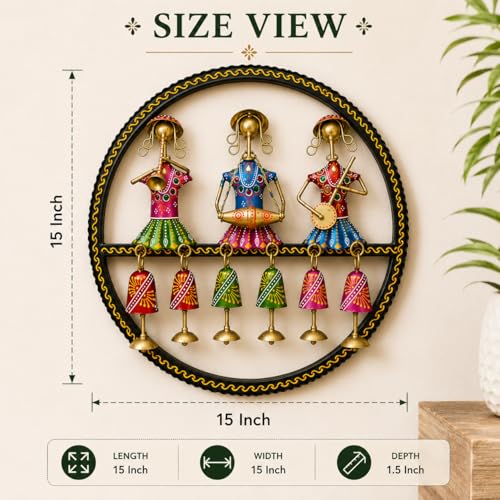 Image of iHandikart Handmade Metal Wall Art for Home Decor | 15 x 15 Inch Round Rajasthani Musician Wall Sculpture with Hanging Bells | Decorative Iron Wall Hanging for Living Room, Hallway, Office & Entryway