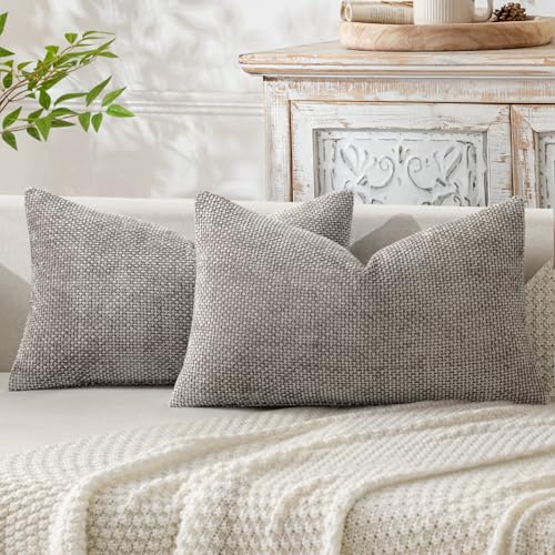 Image of MIULEE Pack of 2 Lumbar Couch Throw Pillow Covers 20x12 Inch Light Gray Modern Boho Accent Decorative Pillow Covers Soft Chenille Farmhouse Cushion Covers for Home Decor Bed Sofa Living Room