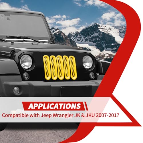 Image of Yellow for JK Front Grille Inserts Grill Mesh Clip-on Trim Covers fit for Jeep Wrangler JK & JKU 2007-2017 Exterior Accessories