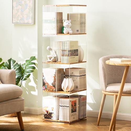 ONCTESQ Biblioteca Estantería giratoria de 360 Grados, de acrílico Transparente y bambú, Ideal para Dormitorio, Sala de Estar y Estudio.
