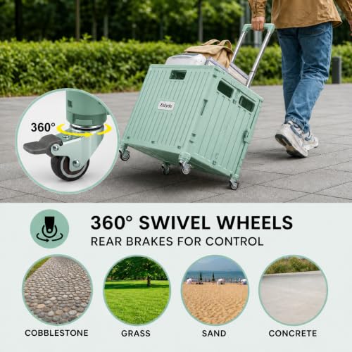 Eslyde Folding Utility Cart Portable Rolling Crate Handcart Shopping Trolley Collapsible Tool Box, with Lid, Basket on 4 Rotating Wheels, for Grocery, Garden, Office, Storage, Teacher, Tool (Green) - Image 7