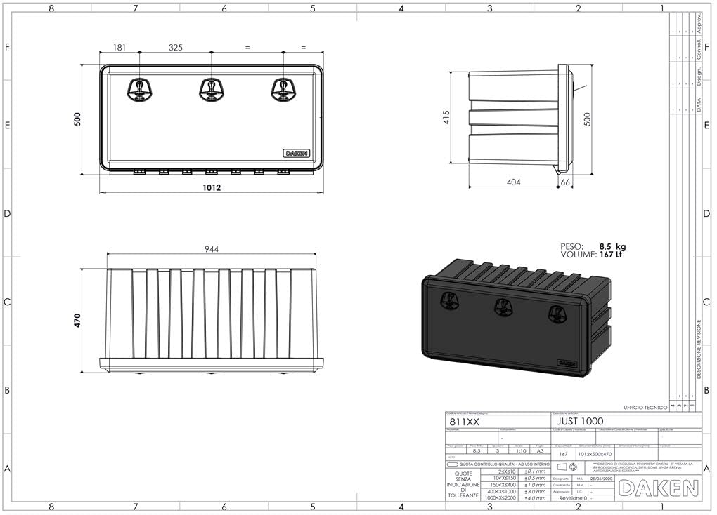 DAKEN Armario de Almacenamiento para Camiones Just 1000-81111, Caja de Herramientas Daken J167, Cajas de Almacenamiento, Caja de Suelo, 1012 x 500 x 470 mm, aprox. 167 Litros