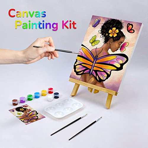 VOCHIC Canvas Painting Kit Pre Drawn Canvas for Painting for Adult Party Kit Paint and Sip Party Supplies 8x10 Canvas to Paint Butterfly Girl 8 Acrylic Colors,3 Brush,1 Pallet Paint Art Set - Thumbnail 2