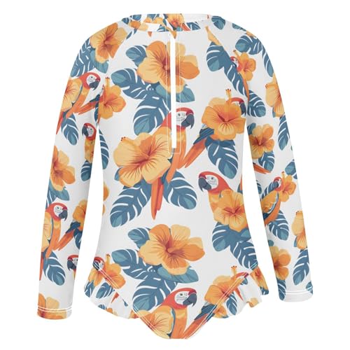 ALAZA Yellow Flower Parrot Bird White Girls One Piece Swimsuit Long Sleeve Rash Guard Swimsuits UV 50+ Swimwear Zipper2