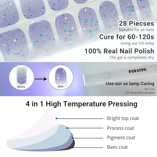 DUKASOU Semi Cured Gel Nail Strips, 28pcs Gradient Love Gel Nail Strips Work with Any UV Light, Gel Nail Stickers Full Nail Wraps for Women Girls Kids DIY Gift, Include Prep Pads, Nail File&Wood Stick - Thumbnail 4